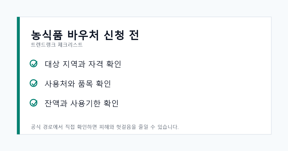 농식품 바우처 신청 전 대상 지역과 사용처, 잔액을 확인하는 체크리스트
