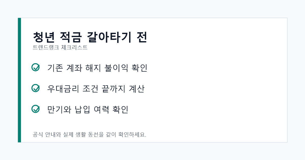 청년 적금 갈아타기 전 해지 불이익과 우대금리 조건을 확인하는 체크리스트